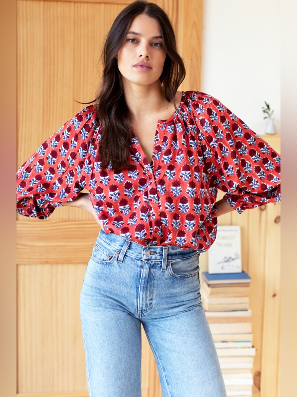 Emerson Fry India Collection Frances Blouse Carmen Flowers Size Small Orange